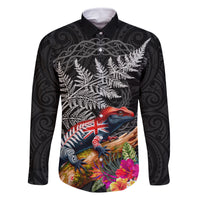 New Zealand Tuatara Family Matching Tank Maxi Dress and Hawaiian Shirt Silver Fern Hibiscus and Tribal Maori Pattern Black Color LT03 Dad's Shirt - Long Sleeve Black - Polynesian Pride