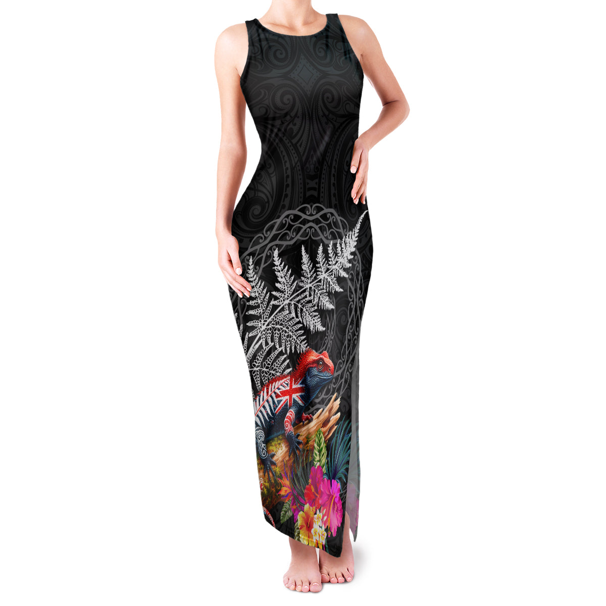 New Zealand Tuatara Family Matching Tank Maxi Dress and Hawaiian Shirt Silver Fern Hibiscus and Tribal Maori Pattern Black Color LT03 Mom's Dress Black - Polynesian Pride