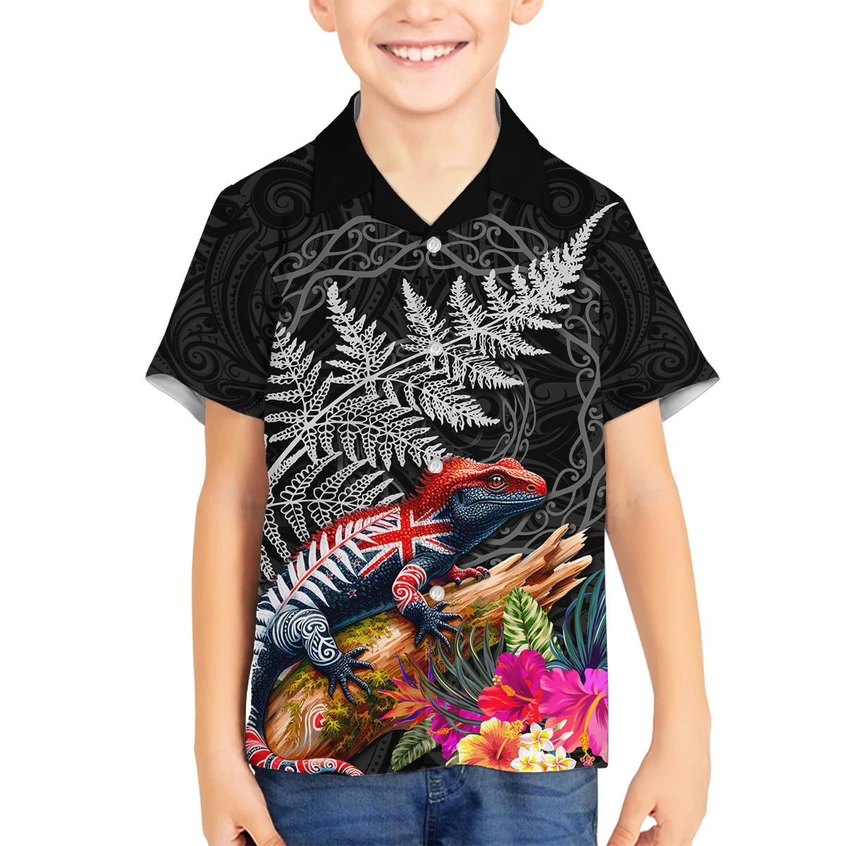 New Zealand Tuatara Family Matching Tank Maxi Dress and Hawaiian Shirt Silver Fern Hibiscus and Tribal Maori Pattern Black Color LT03 Son's Shirt Black - Polynesian Pride