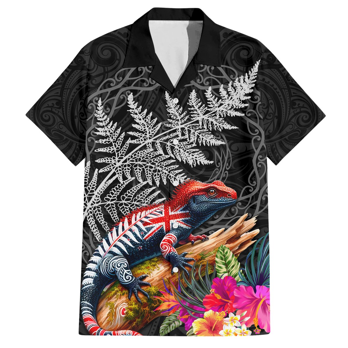 New Zealand Tuatara Hawaiian Shirt Silver Fern Hibiscus and Tribal Maori Pattern Black Color LT03 Black - Polynesian Pride