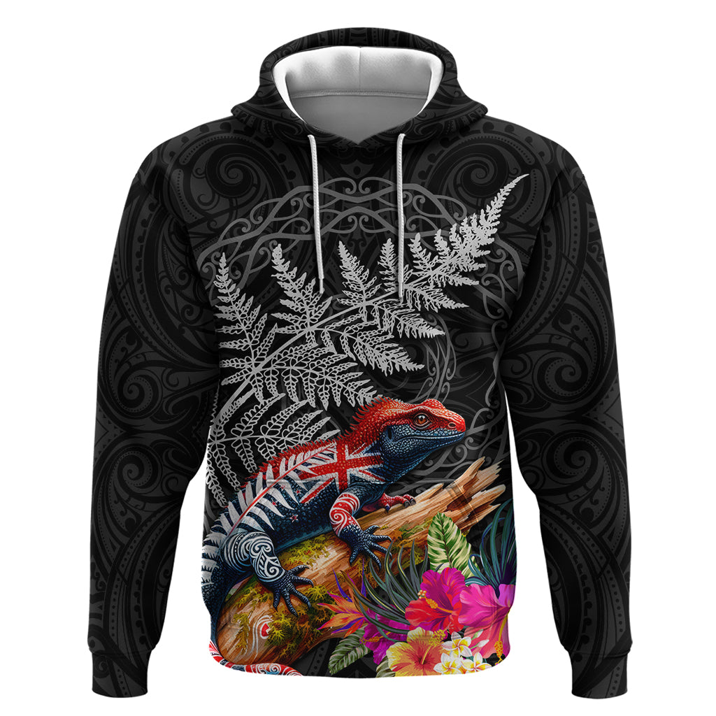 New Zealand Tuatara Hoodie Silver Fern Hibiscus and Tribal Maori Pattern Black Color LT03 Pullover Hoodie Black - Polynesian Pride