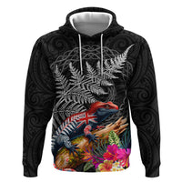 New Zealand Tuatara Hoodie Silver Fern Hibiscus and Tribal Maori Pattern Black Color LT03 Pullover Hoodie Black - Polynesian Pride