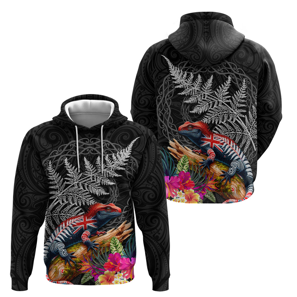 New Zealand Tuatara Hoodie Silver Fern Hibiscus and Tribal Maori Pattern Black Color LT03 - Polynesian Pride