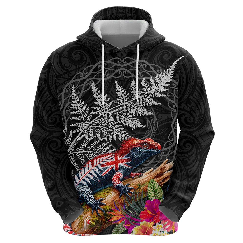 New Zealand Tuatara Hoodie Silver Fern Hibiscus and Tribal Maori Pattern Black Color LT03 - Polynesian Pride