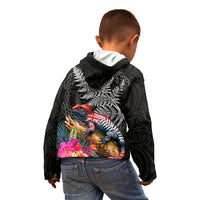 New Zealand Tuatara Kid Hoodie Silver Fern Hibiscus and Tribal Maori Pattern Black Color LT03 - Polynesian Pride