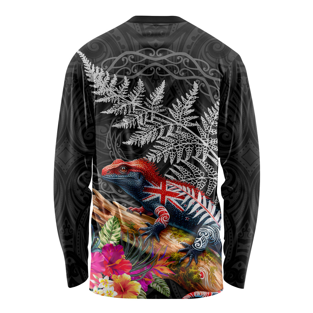 New Zealand Tuatara Long Sleeve Shirt Silver Fern Hibiscus and Tribal Maori Pattern Black Color LT03 - Polynesian Pride