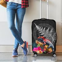 New Zealand Tuatara Luggage Cover Silver Fern Hibiscus and Tribal Maori Pattern Black Color LT03 - Polynesian Pride