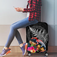 New Zealand Tuatara Luggage Cover Silver Fern Hibiscus and Tribal Maori Pattern Black Color LT03 - Polynesian Pride