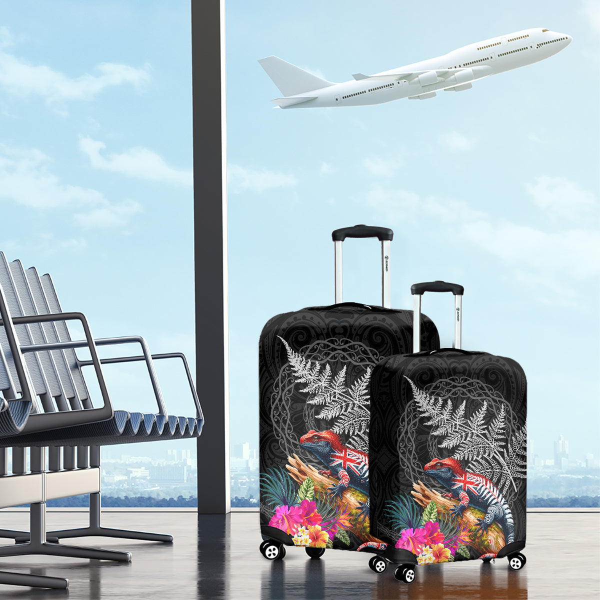 New Zealand Tuatara Luggage Cover Silver Fern Hibiscus and Tribal Maori Pattern Black Color LT03 - Polynesian Pride