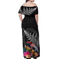 New Zealand Tuatara Off Shoulder Maxi Dress Silver Fern Hibiscus and Tribal Maori Pattern Black Color LT03 - Polynesian Pride