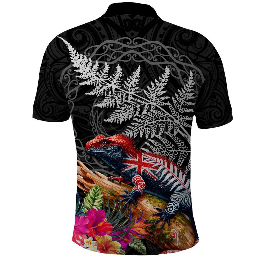 New Zealand Tuatara Polo Shirt Silver Fern Hibiscus and Tribal Maori Pattern Black Color