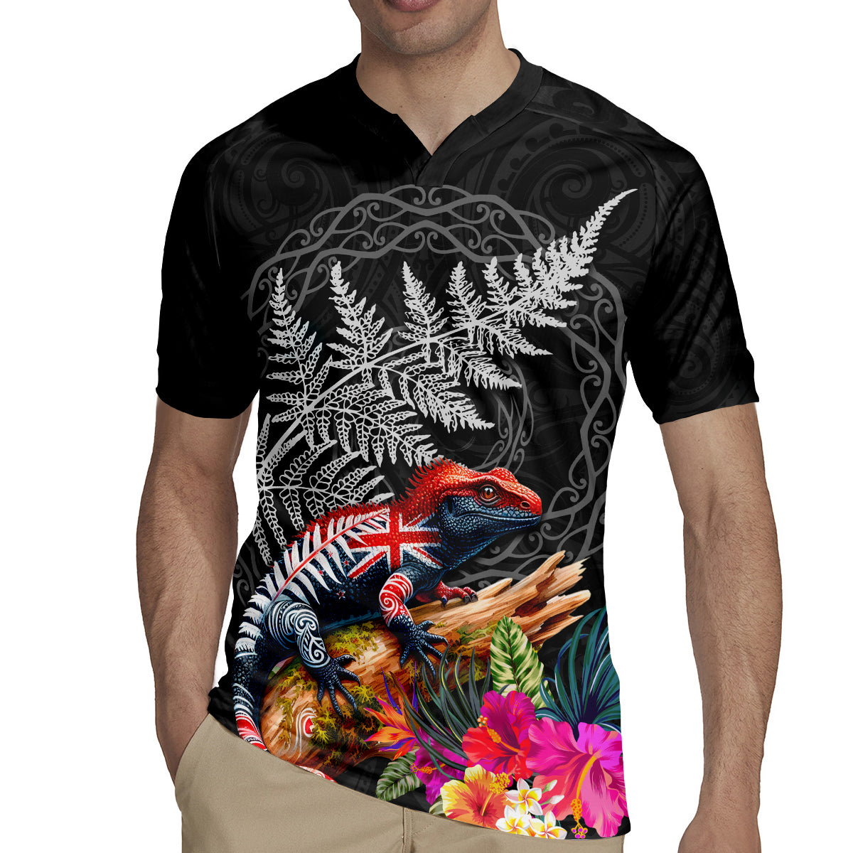 New Zealand Tuatara Rugby Jersey Silver Fern Hibiscus and Tribal Maori Pattern Black Color