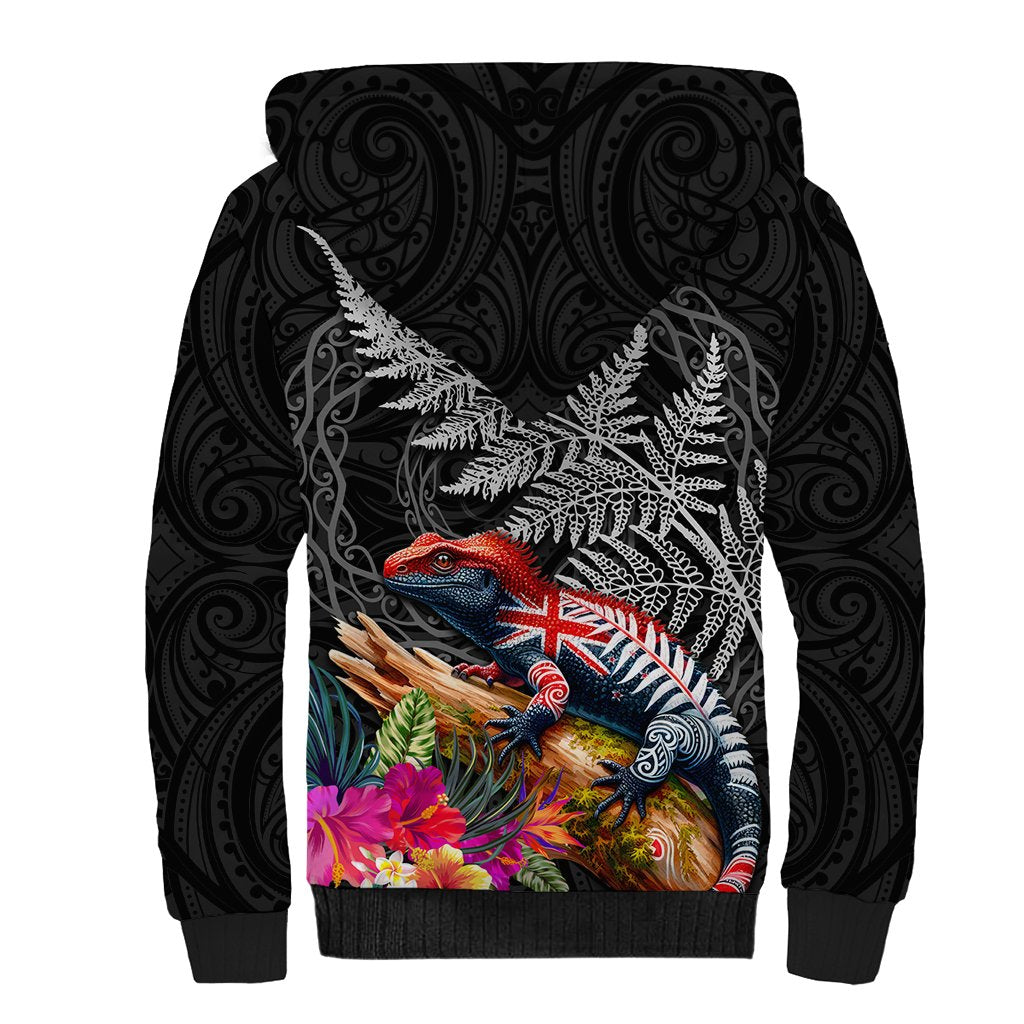 New Zealand Tuatara Sherpa Hoodie Silver Fern Hibiscus and Tribal Maori Pattern Black Color LT03 - Polynesian Pride