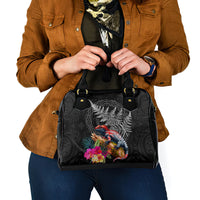 New Zealand Tuatara Shoulder Handbag Silver Fern Hibiscus and Tribal Maori Pattern Black Color