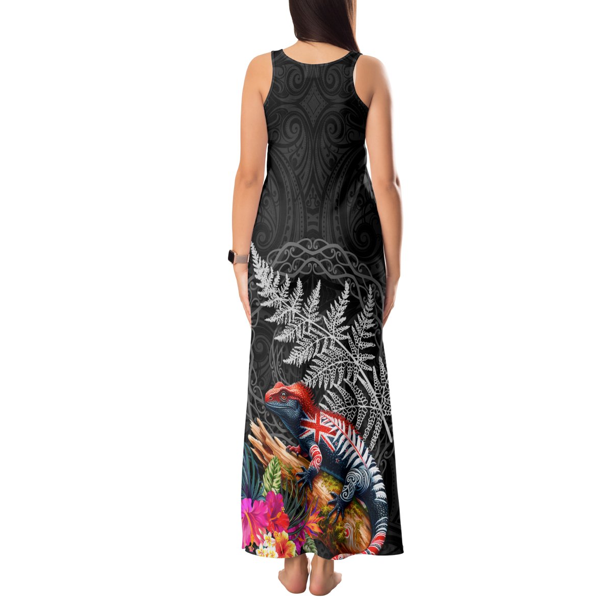 New Zealand Tuatara Tank Maxi Dress Silver Fern Hibiscus and Tribal Maori Pattern Black Color LT03 - Polynesian Pride