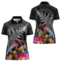 New Zealand Tuatara Women Polo Shirt Silver Fern Hibiscus and Tribal Maori Pattern Black Color