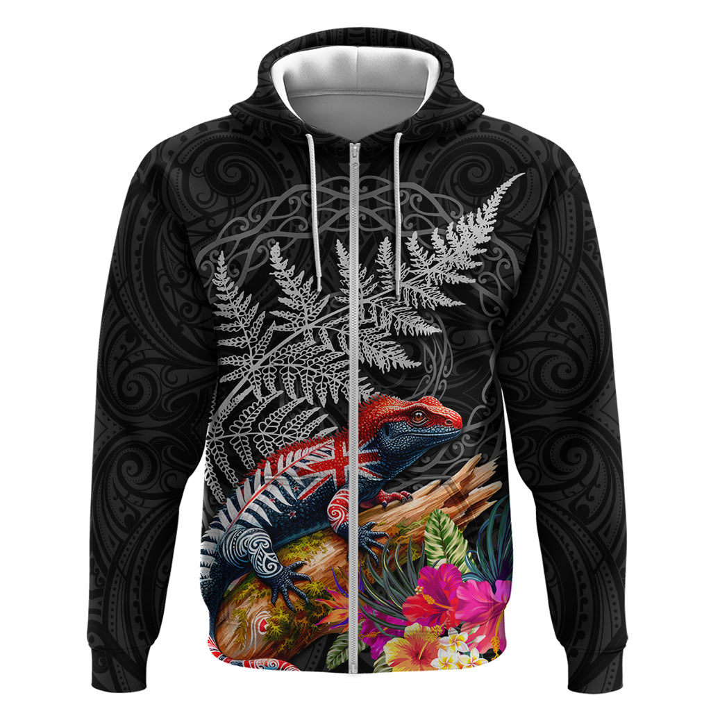 New Zealand Tuatara Zip Hoodie Silver Fern Hibiscus and Tribal Maori Pattern Black Color LT03 Zip Hoodie Black - Polynesian Pride