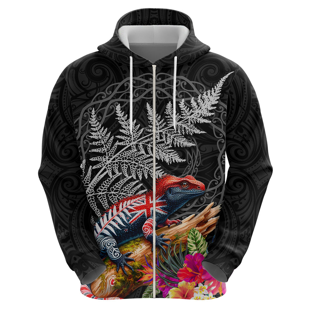 New Zealand Tuatara Zip Hoodie Silver Fern Hibiscus and Tribal Maori Pattern Black Color LT03 - Polynesian Pride