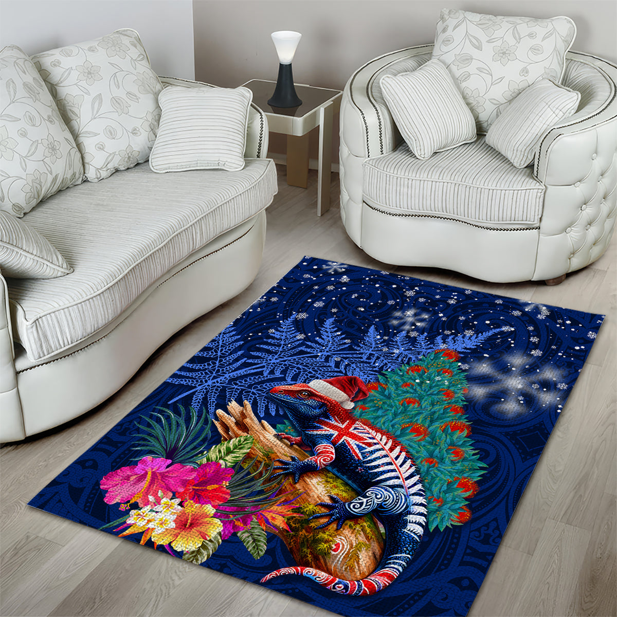 New Zealand Tuatara Christmas Area Rug Silver Fern and Xmas Pohutukawa Tree Blue Color