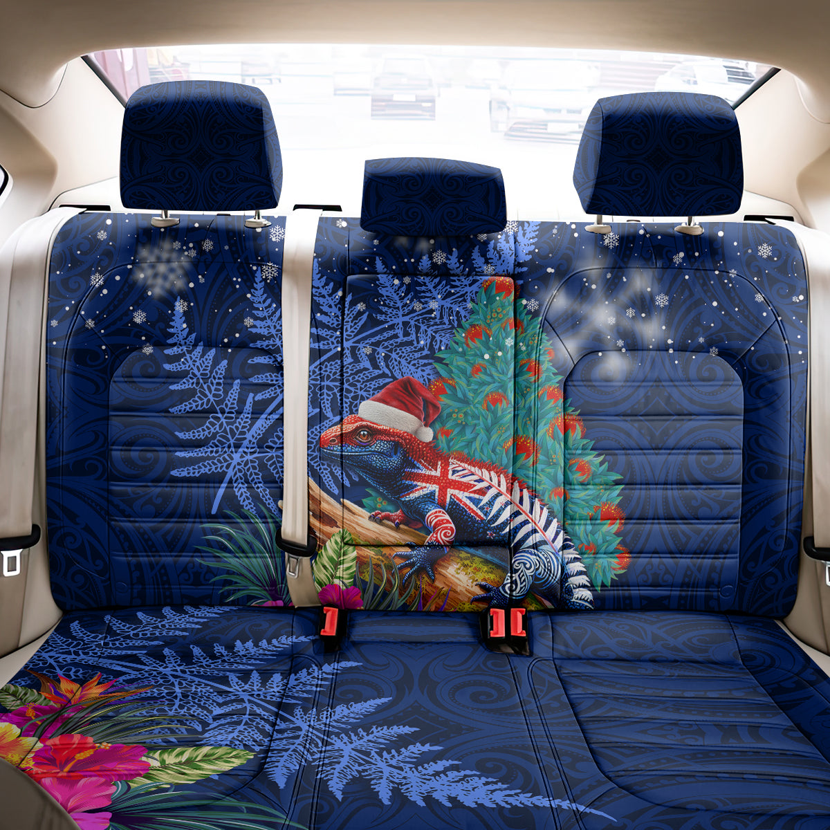 New Zealand Tuatara Christmas Back Car Seat Cover Silver Fern and Xmas Pohutukawa Tree Blue Color LT03 - Polynesian Pride