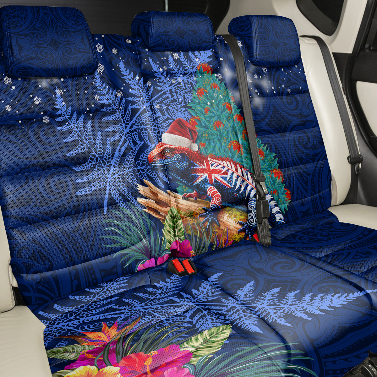 New Zealand Tuatara Christmas Back Car Seat Cover Silver Fern and Xmas Pohutukawa Tree Blue Color LT03 - Polynesian Pride