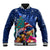 New Zealand Tuatara Christmas Baseball Jacket Silver Fern and Xmas Pohutukawa Tree Blue Color