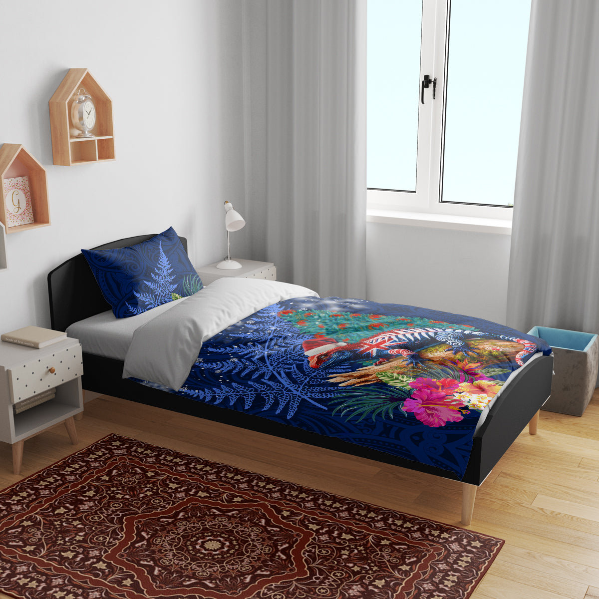 New Zealand Tuatara Christmas Bedding Set Silver Fern and Xmas Pohutukawa Tree Blue Color
