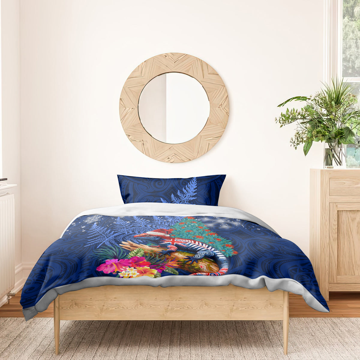 New Zealand Tuatara Christmas Bedding Set Silver Fern and Xmas Pohutukawa Tree Blue Color