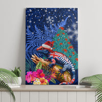 New Zealand Tuatara Christmas Canvas Wall Art Silver Fern and Xmas Pohutukawa Tree Blue Color