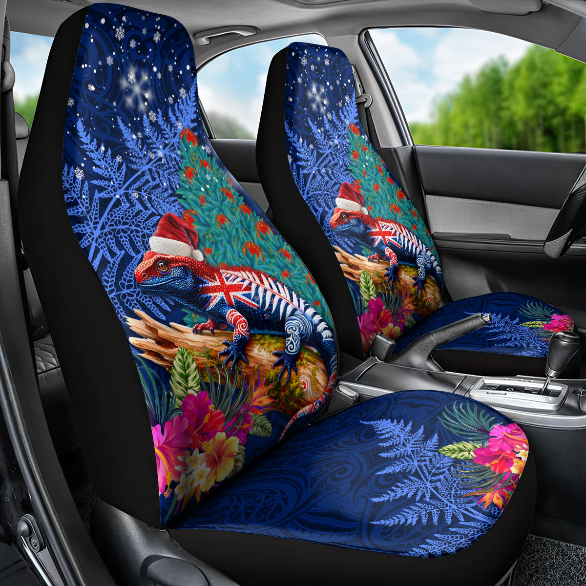 New Zealand Tuatara Christmas Car Seat Cover Silver Fern and Xmas Pohutukawa Tree Blue Color LT03 - Polynesian Pride
