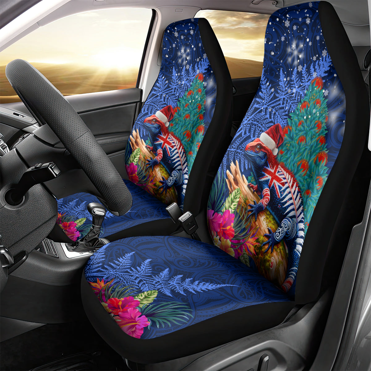 New Zealand Tuatara Christmas Car Seat Cover Silver Fern and Xmas Pohutukawa Tree Blue Color LT03 - Polynesian Pride