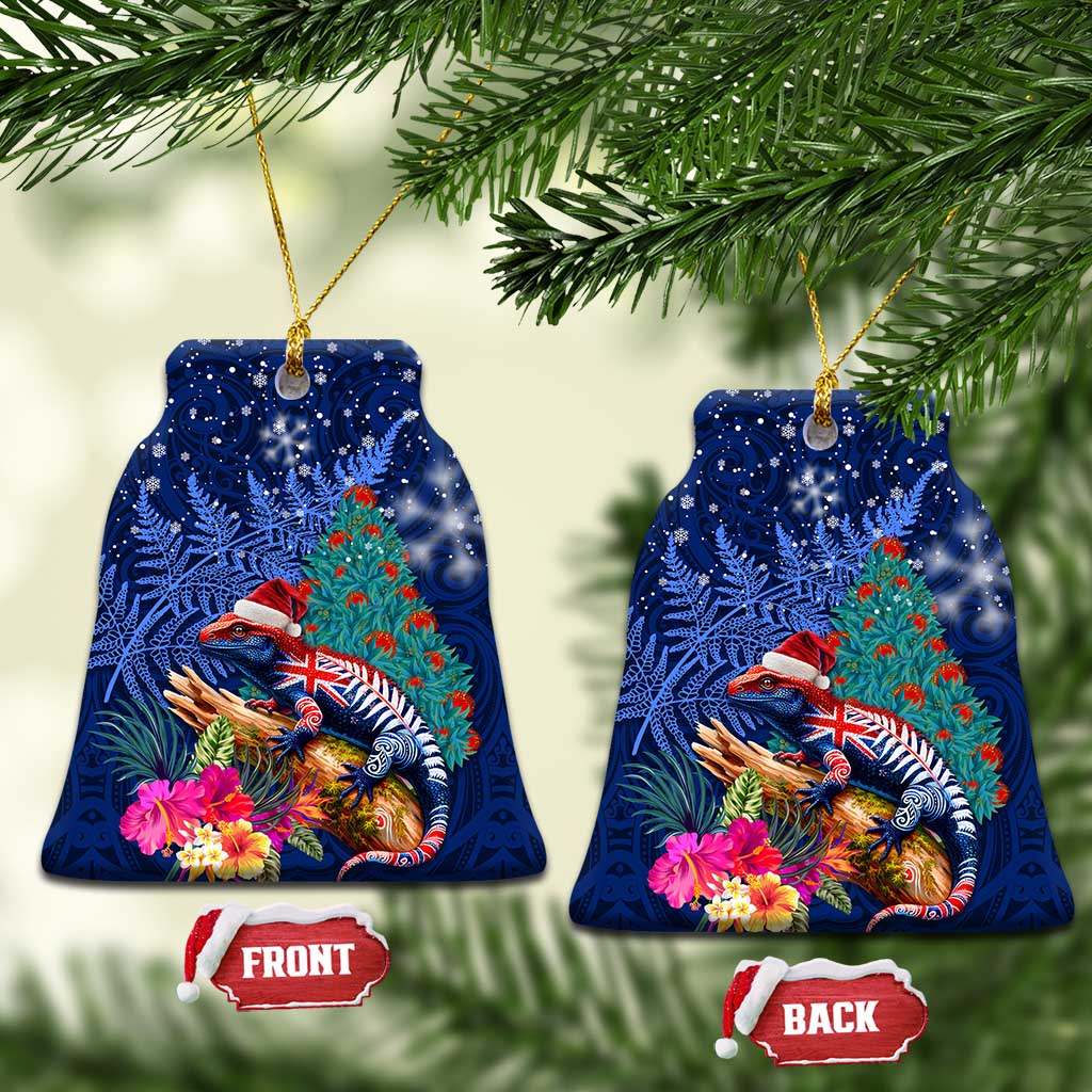 New Zealand Tuatara Christmas Ceramic Ornament Silver Fern and Xmas Pohutukawa Tree Blue Color