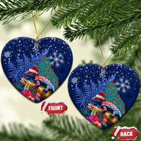 New Zealand Tuatara Christmas Ceramic Ornament Silver Fern and Xmas Pohutukawa Tree Blue Color