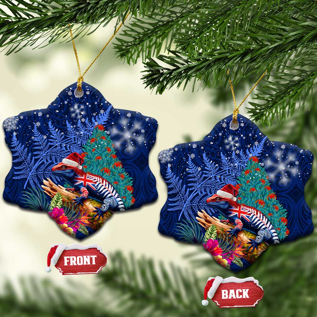 New Zealand Tuatara Christmas Ceramic Ornament Silver Fern and Xmas Pohutukawa Tree Blue Color