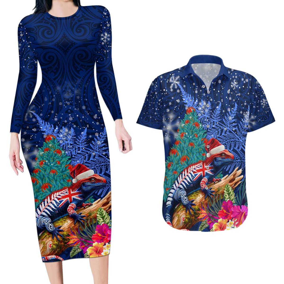 New Zealand Tuatara Christmas Couples Matching Long Sleeve Bodycon Dress and Hawaiian Shirt Silver Fern and Xmas Pohutukawa Tree Blue Color LT03 Blue - Polynesian Pride