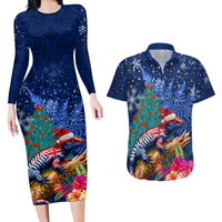 New Zealand Tuatara Christmas Couples Matching Long Sleeve Bodycon Dress and Hawaiian Shirt Silver Fern and Xmas Pohutukawa Tree Blue Color LT03 Blue - Polynesian Pride