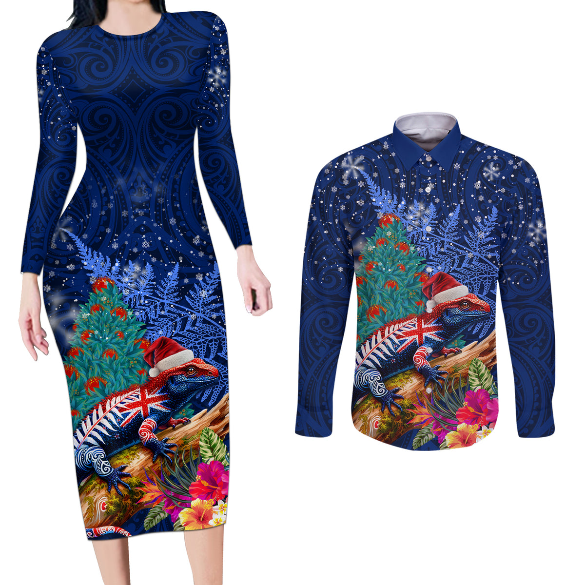 New Zealand Tuatara Christmas Couples Matching Long Sleeve Bodycon Dress and Long Sleeve Button Shirt Silver Fern and Xmas Pohutukawa Tree Blue Color LT03 Blue - Polynesian Pride