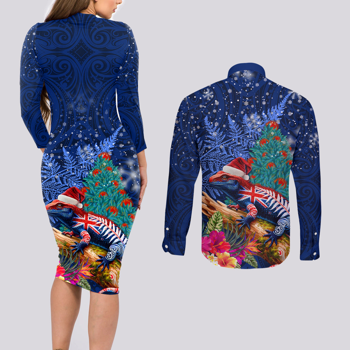 New Zealand Tuatara Christmas Couples Matching Long Sleeve Bodycon Dress and Long Sleeve Button Shirt Silver Fern and Xmas Pohutukawa Tree Blue Color LT03 - Polynesian Pride