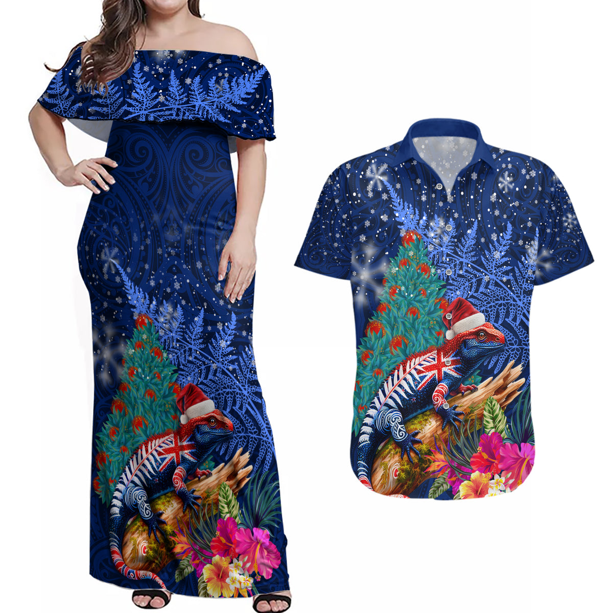 New Zealand Tuatara Christmas Couples Matching Off Shoulder Maxi Dress and Hawaiian Shirt Silver Fern and Xmas Pohutukawa Tree Blue Color LT03 Blue - Polynesian Pride