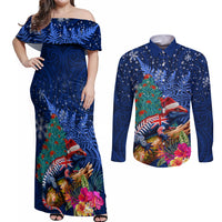 New Zealand Tuatara Christmas Couples Matching Off Shoulder Maxi Dress and Long Sleeve Button Shirt Silver Fern and Xmas Pohutukawa Tree Blue Color LT03 Blue - Polynesian Pride