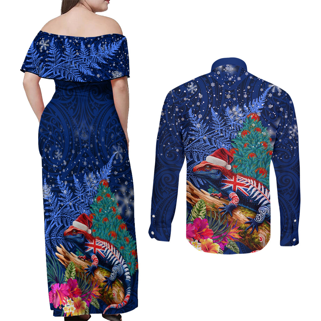 New Zealand Tuatara Christmas Couples Matching Off Shoulder Maxi Dress and Long Sleeve Button Shirt Silver Fern and Xmas Pohutukawa Tree Blue Color LT03 - Polynesian Pride