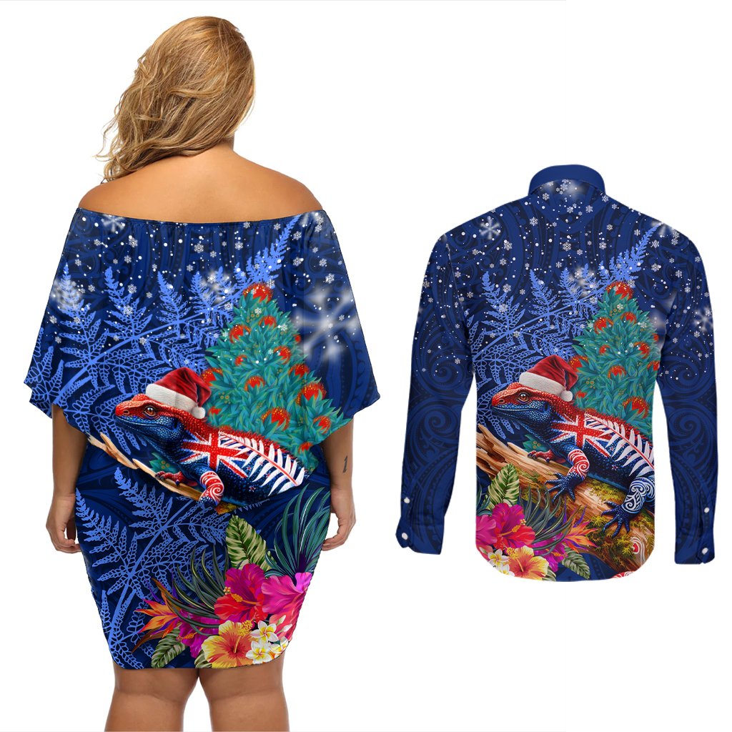 New Zealand Tuatara Christmas Couples Matching Off Shoulder Short Dress and Long Sleeve Button Shirt Silver Fern and Xmas Pohutukawa Tree Blue Color LT03 - Polynesian Pride