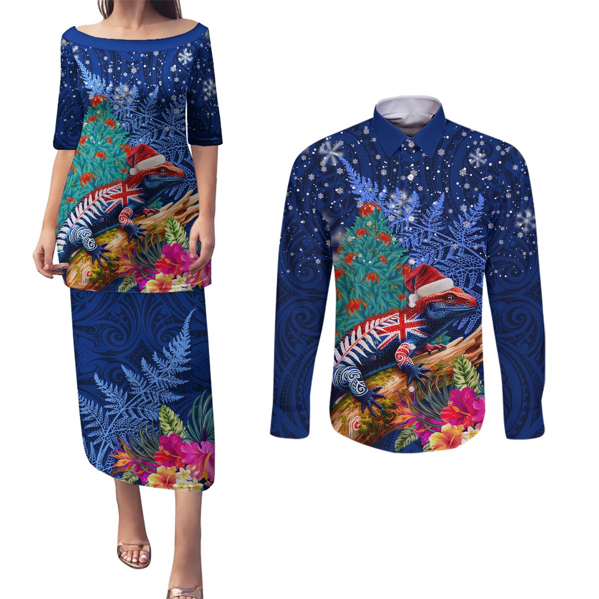 New Zealand Tuatara Christmas Couples Matching Puletasi and Long Sleeve Button Shirt Silver Fern and Xmas Pohutukawa Tree Blue Color