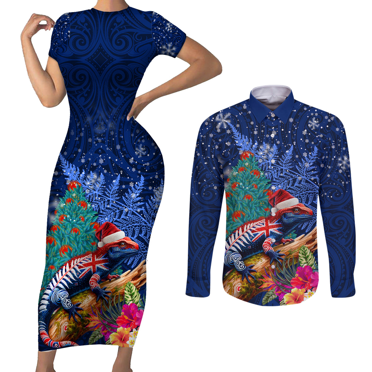 New Zealand Tuatara Christmas Couples Matching Short Sleeve Bodycon Dress and Long Sleeve Button Shirt Silver Fern and Xmas Pohutukawa Tree Blue Color LT03 Blue - Polynesian Pride