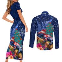 New Zealand Tuatara Christmas Couples Matching Short Sleeve Bodycon Dress and Long Sleeve Button Shirt Silver Fern and Xmas Pohutukawa Tree Blue Color LT03 - Polynesian Pride