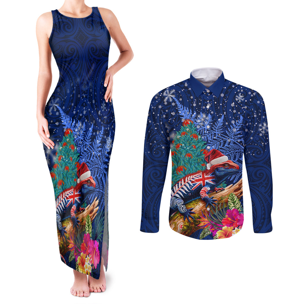 New Zealand Tuatara Christmas Couples Matching Tank Maxi Dress and Long Sleeve Button Shirt Silver Fern and Xmas Pohutukawa Tree Blue Color