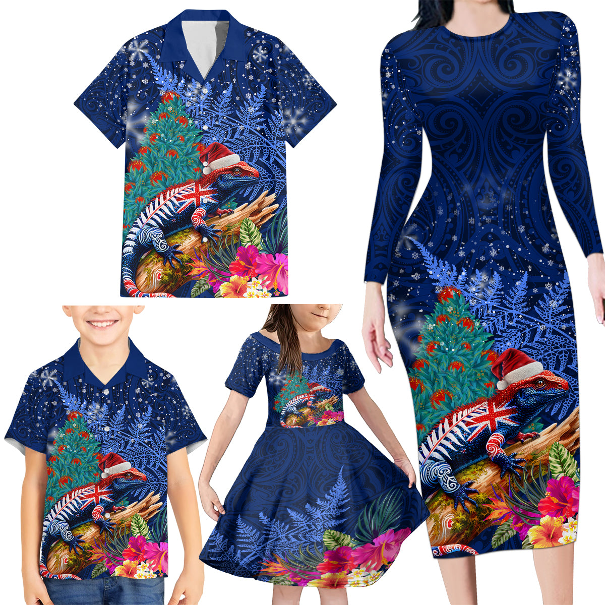New Zealand Tuatara Christmas Family Matching Long Sleeve Bodycon Dress and Hawaiian Shirt Silver Fern and Xmas Pohutukawa Tree Blue Color LT03 - Polynesian Pride