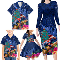 New Zealand Tuatara Christmas Family Matching Long Sleeve Bodycon Dress and Hawaiian Shirt Silver Fern and Xmas Pohutukawa Tree Blue Color LT03 - Polynesian Pride