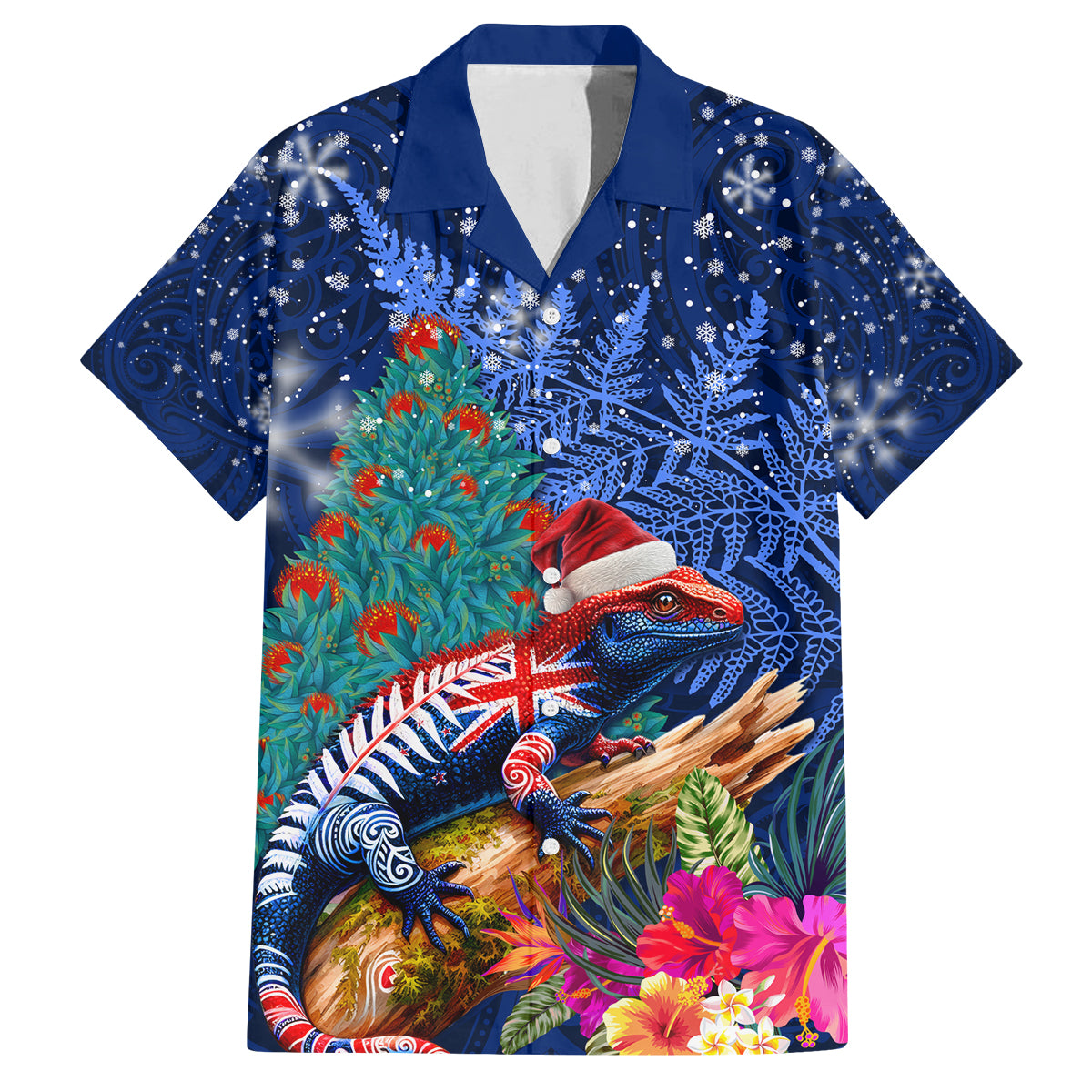 New Zealand Tuatara Christmas Family Matching Long Sleeve Bodycon Dress and Hawaiian Shirt Silver Fern and Xmas Pohutukawa Tree Blue Color LT03 Dad's Shirt - Short Sleeve Blue - Polynesian Pride