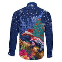New Zealand Tuatara Christmas Family Matching Long Sleeve Bodycon Dress and Hawaiian Shirt Silver Fern and Xmas Pohutukawa Tree Blue Color LT03 - Polynesian Pride